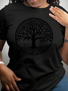 Impresión floral de la mujer árbol de la vida casual camiseta de manga corta - cuello redondo transpirable top regular para lrimavera / verano, lavable en máquina, ropa de verano, camiseta de manga recta, elasticidad media - Negro - Ver 2