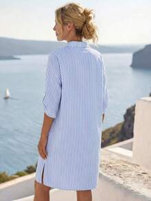 Vestido midi sin mangas con cuello cuadrado y estampado a rayas para mujer, verde, para verano, vacaciones, casual, Navidad, resort. - Caqui - Ver 6