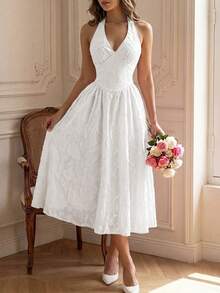 Women's Elegant White Spaghetti Strap Maxi Dress, Deep V-Neck Backless A-Line Design, Suitable For Holiday Parties, Christmas, New Year, Formal Occasions - White - View 2