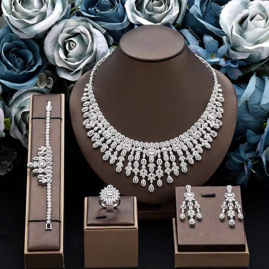 Bộ trang sức hình học 4 món bằng đá Zirconia trắng - Dây chuyền, bông tai, nhẫn, vòng tay, phù hợp cho nữ giới đeo hàng ngày, dự tiệc, đám cưới và trang phục cô dâu. - trắng - Xem 1