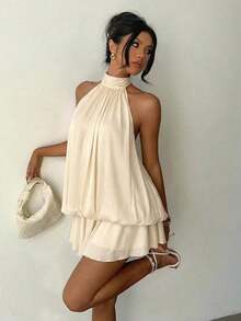 Vestido mini elegante de mujer con cuello halter y lazo en color amarillo claro - Albaricoque - Ver 8