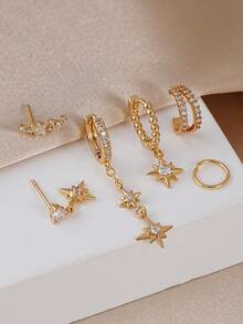 6pcs Elegant Cubic Zirconia Octagram Chain Earrings Set, Suitable For Women's Daily, Date, Music Festival, Party Layering - Yellow Gold - View 3