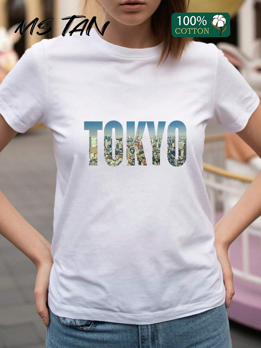 1pc MS TAN Women's 180g Pure Short Sleeve T-Shirt - Tokyo Pattern Print And Japanese Architecture, Soft Breathable Lightweight Crew Neck Sweater For Spring And Summer Casual Wear, Fashionable And Comfortable Outfit - 白色 - 查看 1