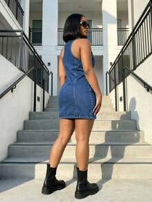 Women's Sleeveless Button Front Denim Dress, Retro Sexy Design, Casual Versatile Dress - Medium Wash - View 2