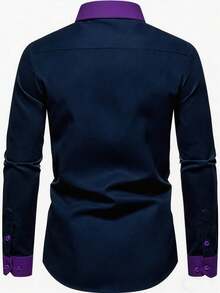 Men's Business Commute Colorblock Front Button Patch Pocket Long Sleeve Formal Shirt - Navy Blue - View 2