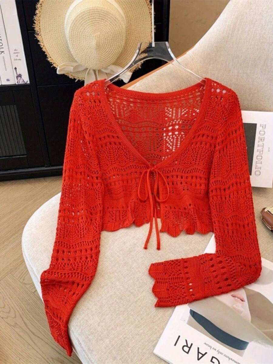 2026 New Sweet Style Sunscreen Cardigan, Hollow Crochet V-Neck With Ties, Short Long-Sleeve Top - Red/ - View 1