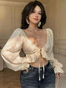 Blusa de encaje calado en beige, de moda para el Día de San Valentín, boda, fiesta, festival de música, vacaciones de playa casual.Crop top corto con diseño de nudo delantero, camisa ajustada para mujer, primavera/verano - Beis - Ver 5