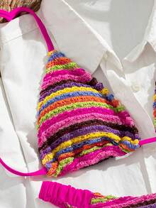Bộ bikini nữ mới năm 2026, đồ bơi 2 mảnh, vải jacquard họa tiết sọc nhiều màu sắc, áo tam giác buộc dây màu hồng đậm, quần tam giác xếp ly hai bên với đường viền nhún màu hồng đậm tương phản, đồ bơi mùa hè thời trang cho kỳ nghỉ biển, đồ bơi đi nghỉ mát cho nữ - Nhiều màu - Xem 5