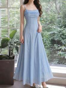 Đầm ôm sát màu xanh lá cây nhạt với viền xếp ly, đầm dạ hội không tay bằng chiffon thanh lịch, áo choàng dáng chữ A dài đến bắp chân, trang phục đi biển và đám cưới. - Màu xanh nhạt - Xem 4