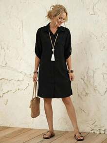 MEXFaunlyn Vestido de camisa de botones delanteros con mangas enrolladas a rayas para mujer para vacaciones y ocioMEX OOGO - Negro - Ver 5