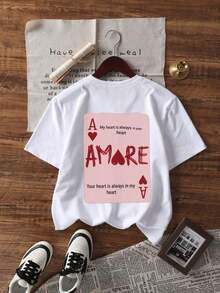 1 pieza Camiseta de mujer de manga corta y cuello redondo de verano con estampado casual de "As de Corazones" de póker - Blanco - Ver 4