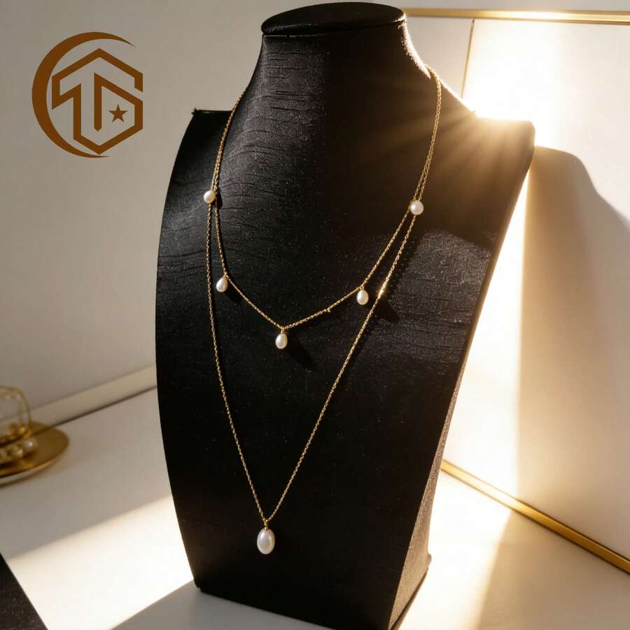 Zhenwei xina 1 Dây chuyền ngọc trai nước ngọt đôi bằng bạc 925 - Dây mạ vàng 18k, thiết kế ngọc trai hình giọt nước và tròn, trang sức thanh lịch dành cho nữ, thích hợp cho đám cưới. - Vàng - Xem 1