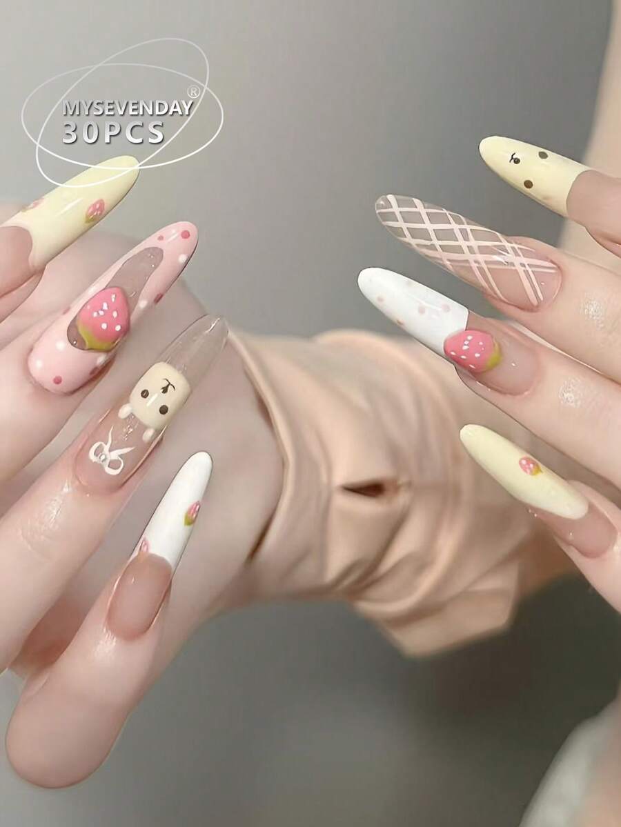 30片装按压式美甲贴片，长水滴形/柔软可爱卡通长款美甲，图案为奶油色草莓兔，指甲形状为杏仁形 - 彩色 - 查看 1