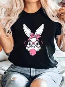 Round Neck T-Shirt With Letter Pattern Made Of Fiber, Model A96846 - Black - View 1