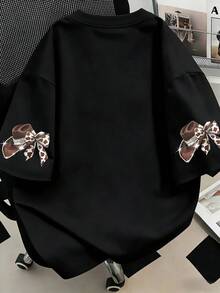大尺碼女款圓領蝴蝶結印花短袖T恤，適合日常穿著、外出、休閒、度假、海灘、派對、生日、畢業、健身、夏季假期、春季 - 黑色 - 查看 3