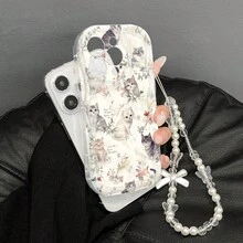 Set de 2 piezas (Funda de teléfono con estampado de gato acuarela y floral + Pulsera con lazo), Funda protectora de teléfono transparente con textura de crema, impresa en 2D, hecha de material TPU, con protección completa de la cámara, anti-golpes y anti-caídas, diseño lindo y fresco, adecuada para iPhone, A60, Galaxy, Edge 50, A5, gran regalo para amigos, parejas o familiares en cumpleaños - transparente - Ver 3