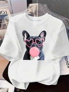 Plus Size, Women's Summer New Arrival T-Shirt With Short Sleeves, Featuring A Cartoon Print Of A -Gray French Bulldog Wearing Pink Heart-Shaped - 白色 - 查看 1