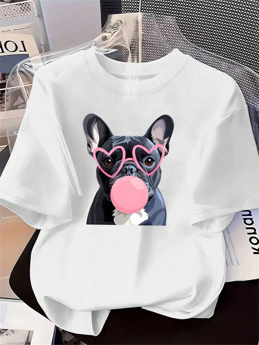 Plus Size, Women's Summer New Arrival T-Shirt With Short Sleeves, Featuring A Cartoon Print Of A -Gray French Bulldog Wearing Pink Heart-Shaped - 白色 - 查看 1