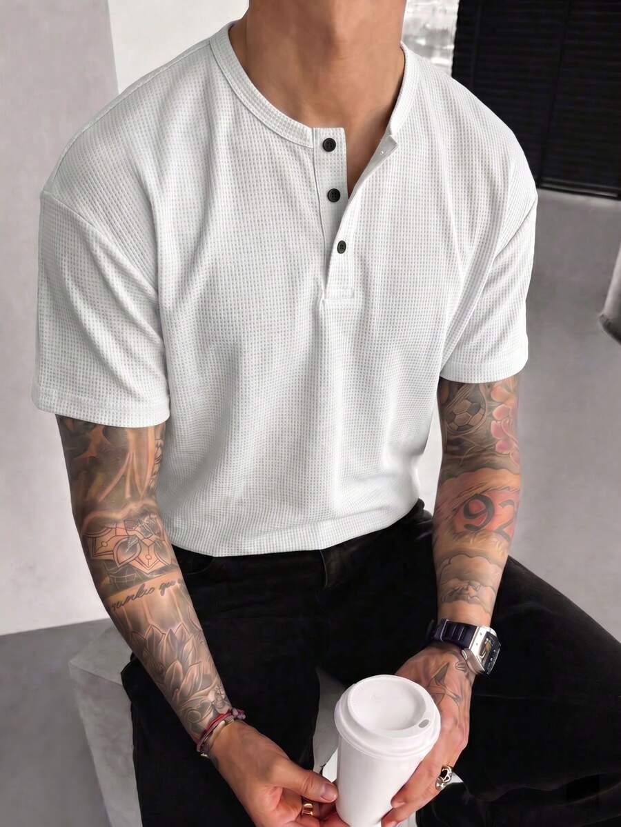 男士T恤，华夫格纹短袖，舒适透气的Polo/亨利领，款式方便舒适，抗起球，可机洗，适合夏季聚会、休闲度假和复古风格。