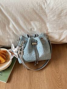 1pc Solid Color Washed Denim Fabric Rivet Embellished Bucket Bag With Pendant, Metal Chain Drawstring Buckle, New Fashion Casual Women's Mini Shoulder Bag - Blue - View 7