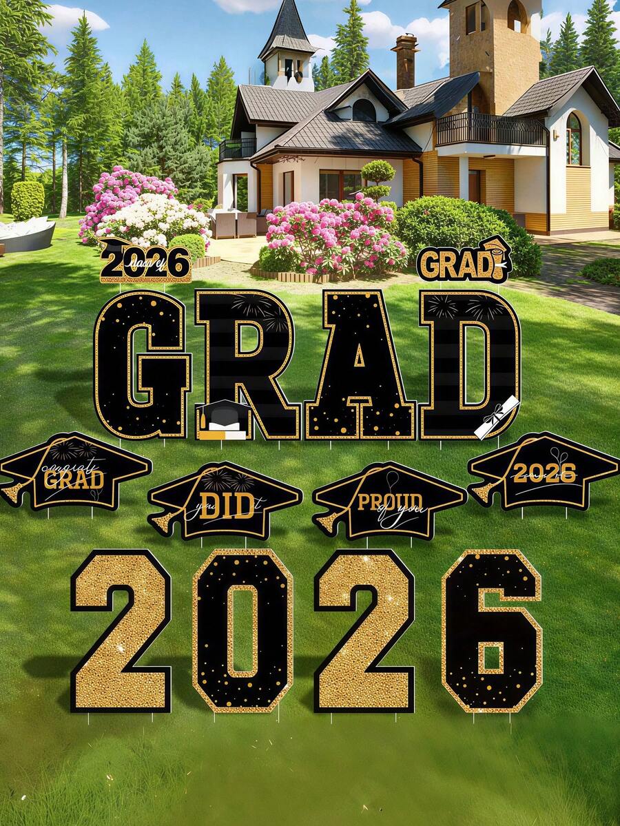 4pcs-Graduation Lawn Sign, Large Black And Gold "Congratulations On Your Graduation" Lawn Banner, Class Of 2026 Graduation Banner With Stand, Outdoor Graduation Party Decorations, Perfect For College And High School Graduation Lawn Decorations - Graduation Cap Holder - Black and Gold - View 1