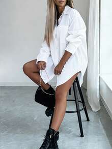 Women Solid Color Button Front Long Sleeve Shirt With Asymmetrical Hem Casual White Spring - White - View 4