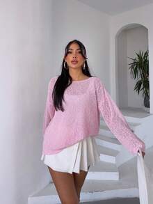 Blusa de manga dolman de cuello redondo de unicolor para vacaciones - Rosa - Ver 4