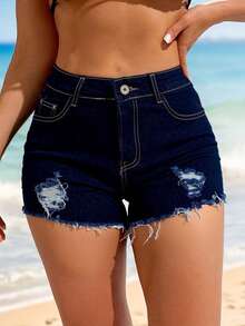 Washed Denim Shorts With Rips And Fringe, Elasticated, With A Butt-Lifting Effect - Deep Blue - View 1
