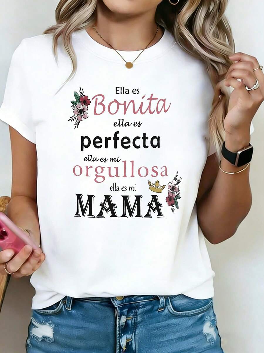 Camiseta de Mujer "Ella Es Mi Mama" - Manga Corta, Cuello Redondo, Estilo Casual con Frase en Español, Blusa de Primavera Verano Adecuada para Fiestas, Regalos, Atuendo Casual, Letras en Español para Mamás - Blanco - Ver 1