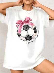 Camiseta de Mujer con Estampado Gráfico de Balón de Fútbol, "La Vida Es Como el Fútbol" con Lazo Rosa, 100% Algodón, Cuello Redondo, Ropa Deportiva, 1 Pieza. Son Excelentes Regalos para Amigos y Familiares, Estilo Casual y Juvenil - Camiseta Unisex de Algodón, Manga Corta, Cuello Redondo, Estilo Vintage Urbano. - Blanco - Ver 7