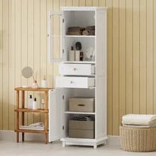 Bathroom Cabinet 45x36x160cm, Glass Doors, Two Cupboards, Two Drawers, Adjustable Shelves, Gold Handles, Bottom Drawer Slides, White. - White - View 3