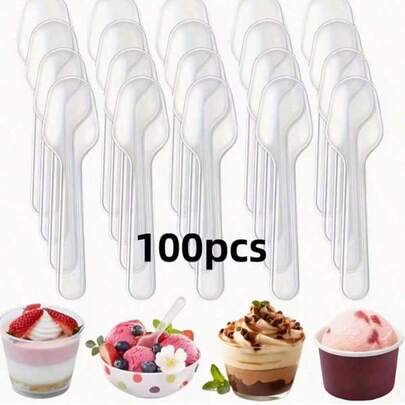 100pcs Transparent Plastic Mini Spoons, Suitable For Desserts, Ice Cream, Jelly, Pudding, Yogurt Tasting, Appetizers, Family Gatherings, Picnics, Restaurants And Kitchens