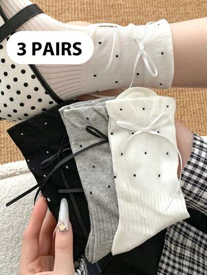 1 Pair,3 Pairs Polka Dot Bow Mid-Calf Socks - Soft Cotton Crew Socks With Lace Trim, Breathable & Skin-Friendly, Perfect For Balletcore, Preppy & Daily Wear