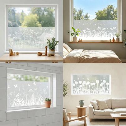 1pc White Butterfly & Floral Glass Sticker, Frosted Window Film, Removable Non-Adhesive Privacy Glass Decal, UV Protection, Suitable For Home Decor