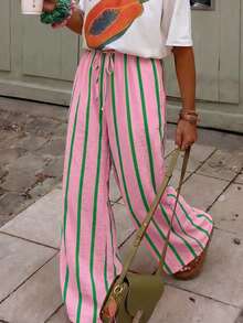 Pantalones de Verano para Mujer, de Pierna Ancha, a Rayas Rosas, de Cintura Alta, Casuales, Holgados, Estilo Bohemio, de Pierna Recta, Largos - Rosa Verde - Ver 10