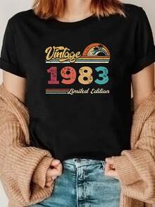 Un lindo 42° traje de cumpleaños, 1983 edición limitada, regalo de cumpleaños para él y ella, unisex impresión gráfica cuello de la tripulación de la mujer casual camiseta de manga corta, impresa camiseta, popular de verano transpirable, cómodo, deportes casual manga corta superior - Negro - Ver 2