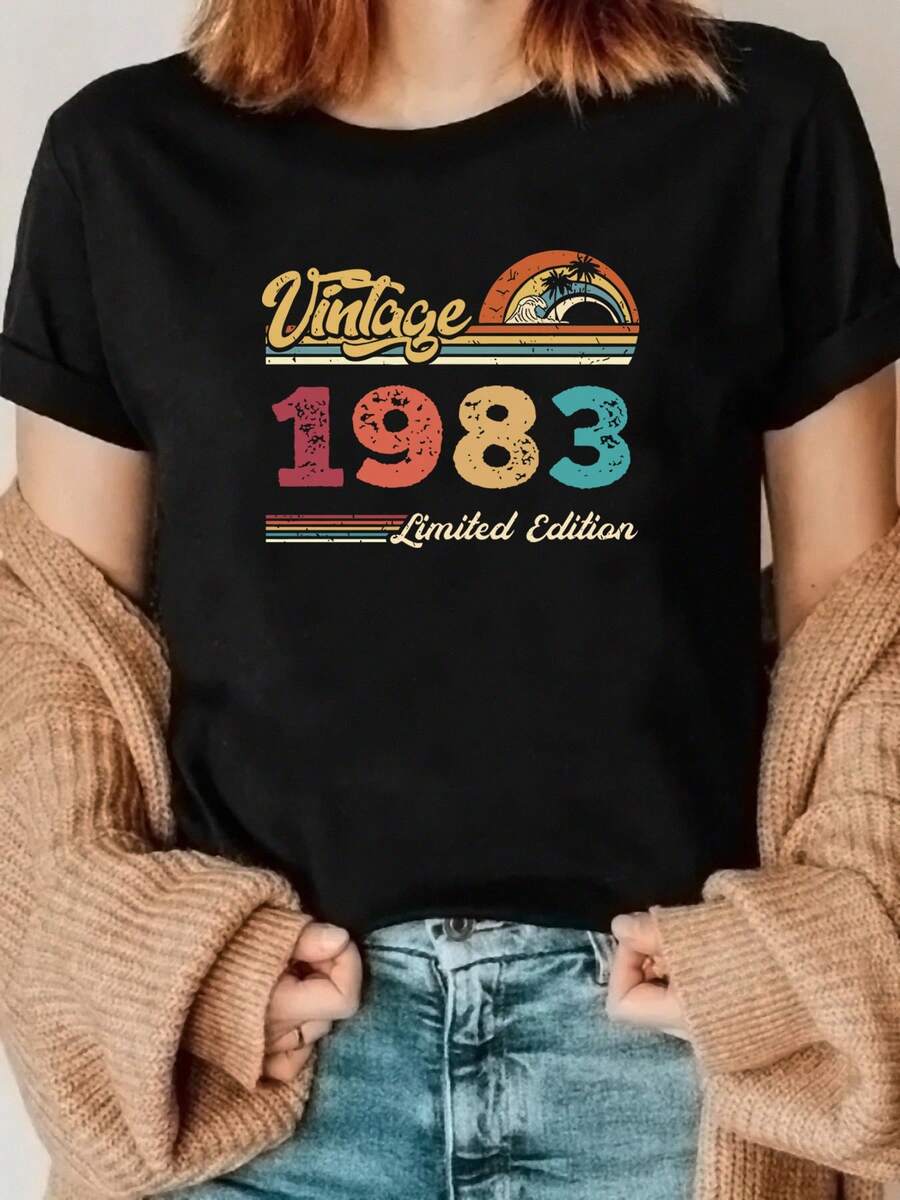 Un lindo 42° traje de cumpleaños, 1983 edición limitada, regalo de cumpleaños para él y ella, unisex impresión gráfica cuello de la tripulación de la mujer casual camiseta de manga corta, impresa camiseta, popular de verano transpirable, cómodo, deportes casual manga corta superior