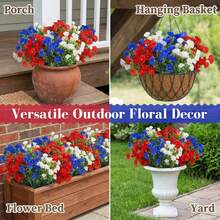 30pcs UV-Resistant Artificial Dwarf Petunia Flowers, Featuring Classic Red, White And Blue Color Scheme, With Relatively Short Stems. Suitable For Outdoor Planters, Window Sills And Gardens, Convenient And Long-Lasting Patriotic Decor Option For Independence Day And National Holiday Celebrations. - Multicolor - View 4