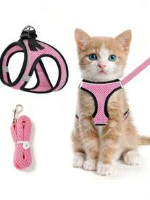 1PC Cat Harness And Leash For Walking, Escape-Proof Soft Adjustable Cat Vest Harness, Easy Control Breathable Reflective Striped Jacket, Black - Pink - View 10