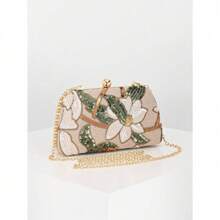 Elegant Shiny Multi-Color Leaf & Floral Patchwork Crossbody Clutch Bag, Vintage Chain Strap Mini Square Box Bag Suitable For Party, College Students, Career Women, Perfect For Party, Wedding, Randomly Patterned - 金色 - 查看 2