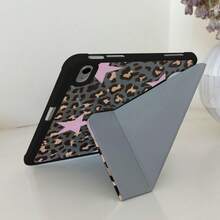 Leopard Print Star Pattern Y-Fold Pencil Slot Tablet Protective Case, Suitable For Ipad 11/10/9/8/7/6/5Th Generation, For Ipad Air 7/6/5/4/2/1, For Ipad Pro 2024/2020/7/6/5/4/3, For Ipad Mini 7/6, With Automatic Wake/Sleep Function - Black - View 3