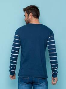 Men's Long-Sleeved V-Neck T-Shirt - 藏蓝色 - 查看 2