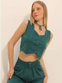 Women Teal Sleeveless Crop Top Designed For Statement Day-To-Night Styling And Modern Coordinated Looks. - Dark Green - View 3