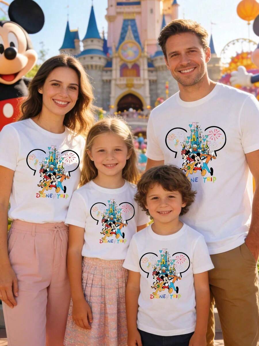 Disney 1PC Licensed "Disney Trip" Castle & Friends Family Matching Short Sleeve T-Shirt, Perfect For Family Trips, Vacations & Theme Parks. New Style, Ideal For Disney Travel, Family Gatherings & Casual Outings, Suitable For Men, Women & Kids. Made Of High-Quality Cotton, Comfortable & Breathable Fabric. Exquisite Vivid Castle & Mickey Friends Print Design, The Best Gift For Disney Fans & Families. - 女士/孩子T卹 - 查看 1