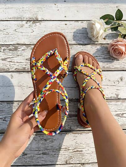 2026 New Women's Shoes - Bohemian Style, Beach Vacation Woven Sandals, Colorful Braiding Design