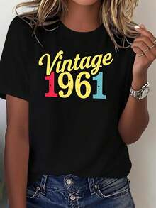 & Vintage 1961 camiseta gráfica - 100% manga corta cuello tulado top casual con impresión de año retro - uso regular todos los días esencial para el uso durante todo el año (negro) - cómodo salón y vestidos vintage elegantes - Negro - Ver 2