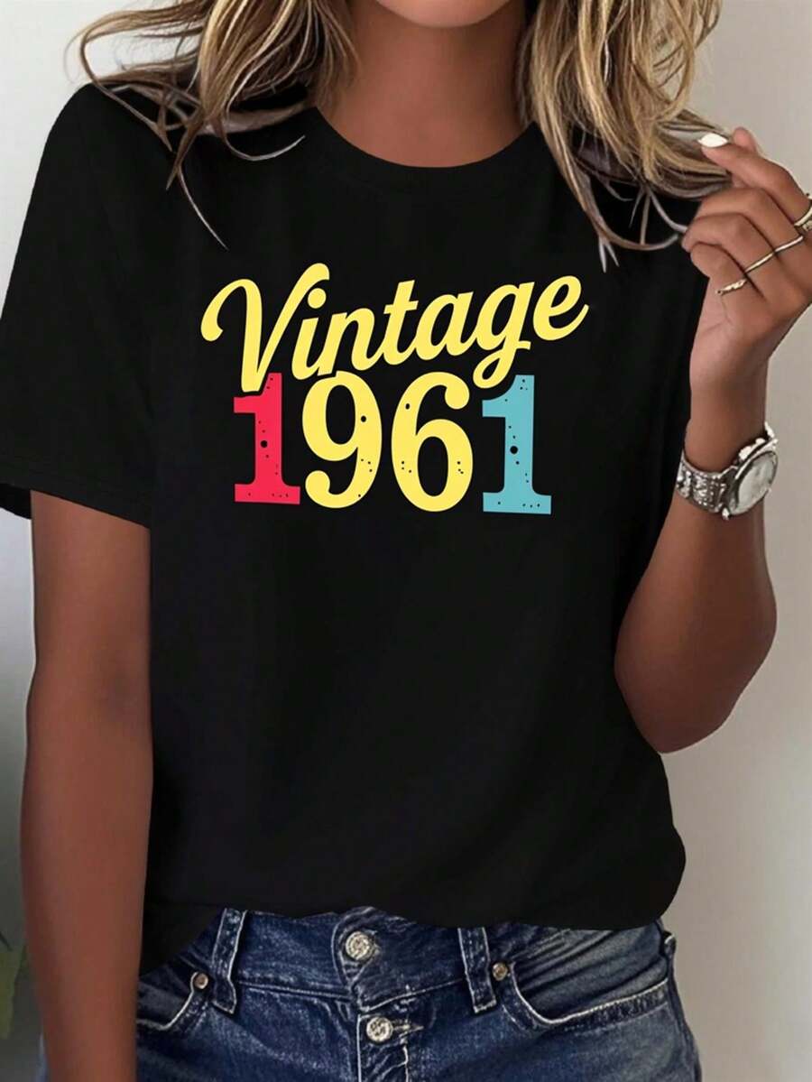 & Vintage 1961 camiseta gráfica - 100% manga corta cuello tulado top casual con impresión de año retro - uso regular todos los días esencial para el uso durante todo el año (negro) - cómodo salón y vestidos vintage elegantes