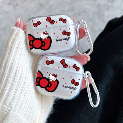 SANRIO เคส Hello Kitty สำหรับ AirPods, เคสป้องกัน TPU ใสพร้อมโบว์สีแดงและพวงกุญแจ, ฝาครอบหูฟังกันรอยขีดข่วนกันกระแทกสำหรับ Pro/Pro 2/3/1/2,