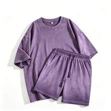 2026 Summer Unisex 2pcs Outfit, Vintage Washed Purple T-Shirt Shorts Set, Y2K Street Fashion Leisure Wear - 紫丁香色 - 查看 2