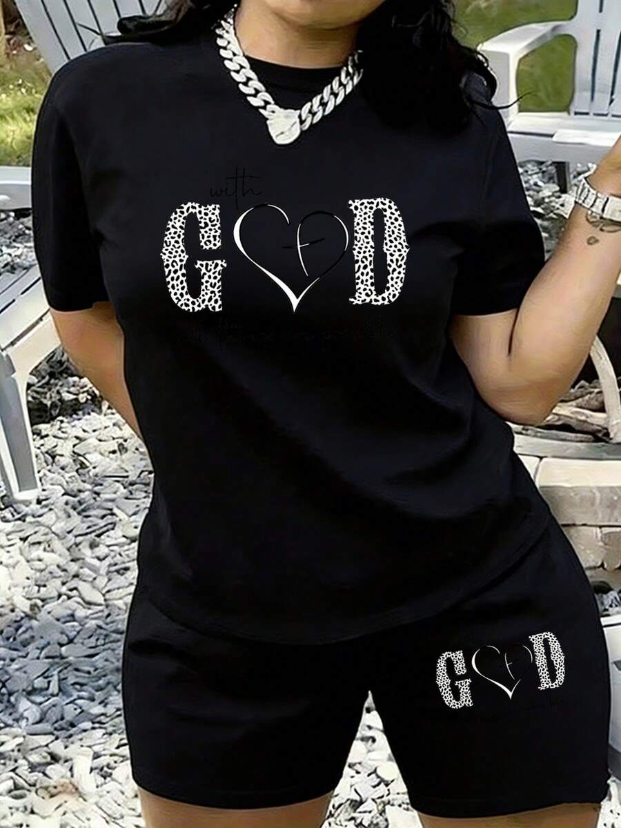 2pcs/With God, Everything Is Possible Women's Summer Fashion Versatile Refreshing Printed DesignRoundNeckShort SleeveShortsSetwithPocketsCasualOutfit - 黑色 - 查看 1
